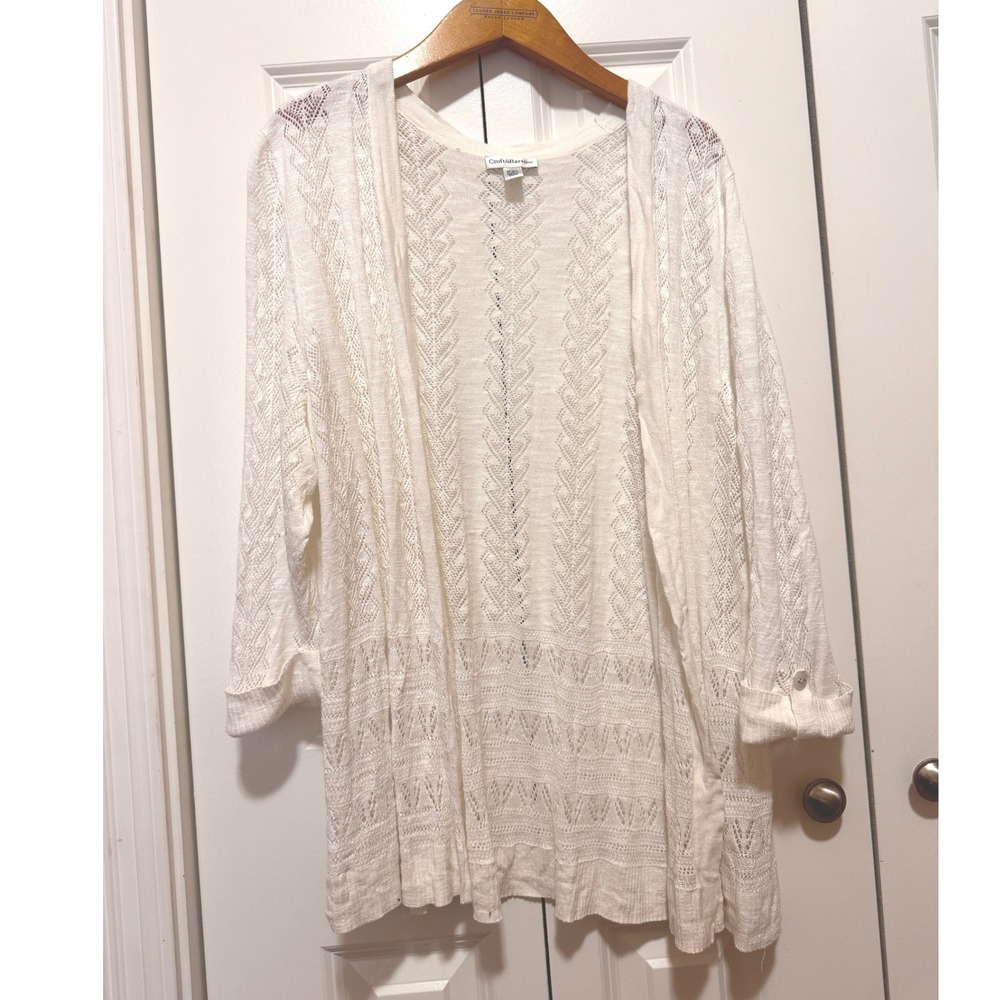 Croft & Barrow White Pointelle Knit Open Front Cardigan XXL 3/4 Sleeve Button